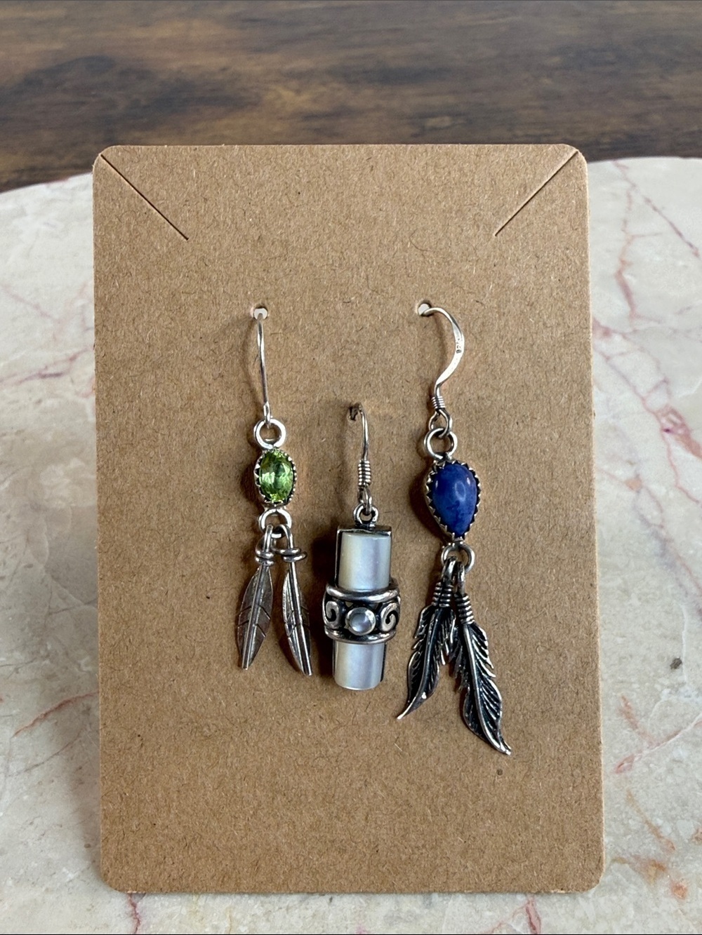 Sterling Silver Feather Drop Earrings with Blue and Green Stones